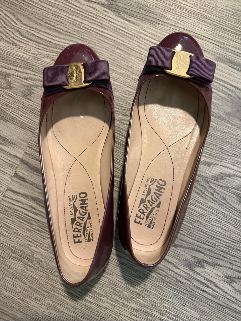 Salvatore Ferragamo Wine Patent Leather Vara Bow Flats